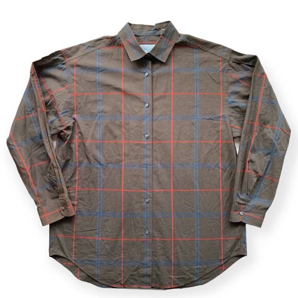 Vintage PERRY ELLIS Plaid Classic Fit Shirt 3/4 Sleeve Button Up Brown Red Large - Picture 1 of 7